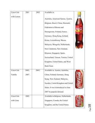 Page18
Coca-Cola
with Lemon
2001 2005 Available in:
Australia, American Samoa, Austria,
Belgium, Brazil, China, Denmark,
Federation of Bosnia and
Herzegovina, Finland, France,
Germany, Hong Kong, Iceland,
Korea, Luxembourg, Macau,
Malaysia, Mongolia, Netherlands,
New Caledonia, New Zealand,
Réunion, Singapore, Spain,
Switzerland, Taiwan, Tunisia, United
Kingdom, United States, and West
Bank-Gaza
Coca-Cola
Vanilla
2002;
2007
2005; Available in: Austria, Australia,
China, Finland, Germany, Hong
Kong, New Zealand, Malaysia,
Sweden, United Kingdom and United
States. It was reintroduced in June
2007 by popular demand.
Coca-Cola
with Lime
2005 Available in Belgium, Netherlands,
Singapore, Canada, the United
Kingdom, and the United States.
 