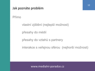 Přímo
vlastní zjištění (nejlepší možnost)
přesahy do médií
přesahy do vztahů s partnery
interakce s veřejnou sférou (nejhorší možnost)
www.medialni-poradce.cz
12
Jak poznáte problém
 