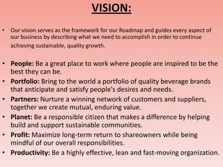 VISION:
• Our vision serves as the framework for our Roadmap and guides every aspect of
  our business by describing what we need to accomplish in order to continue
  achieving sustainable, quality growth.

• People: Be a great place to work where people are inspired to be the
  best they can be.
• Portfolio: Bring to the world a portfolio of quality beverage brands
  that anticipate and satisfy people's desires and needs.
• Partners: Nurture a winning network of customers and suppliers,
  together we create mutual, enduring value.
• Planet: Be a responsible citizen that makes a difference by helping
  build and support sustainable communities.
• Profit: Maximize long-term return to shareowners while being
  mindful of our overall responsibilities.
• Productivity: Be a highly effective, lean and fast-moving organization.
 