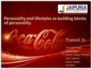 Personality and lifestyles as building blocks
of personality.


                                 Prepared by:
                                 Amar Pal Singh
                                 Anjali Mehra
                                 Apoorv Kumar Sharma
                                 Arun Semwal
                                 Gaurav Khatri
                                 Neeti Bali
 