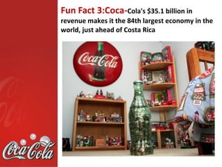 Fun Fact 3:Coca-Cola's $35.1 billion in
revenue makes it the 84th largest economy in the
world, just ahead of Costa Rica
 