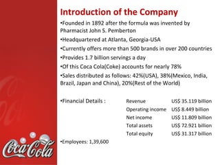 Introduction of the Company
•Founded in 1892 after the formula was invented by
Pharmacist John S. Pemberton
•Headquartered at Atlanta, Georgia-USA
•Currently offers more than 500 brands in over 200 countries
•Provides 1.7 billion servings a day
•Of this Coca Cola(Coke) accounts for nearly 78%
•Sales distributed as follows: 42%(USA), 38%(Mexico, India,
Brazil, Japan and China), 20%(Rest of the World)

•Financial Details :      Revenue            US$ 35.119 billion
                          Operating income   US$ 8.449 billion
                          Net income         US$ 11.809 billion
                          Total assets       US$ 72.921 billion
                          Total equity       US$ 31.317 billion
•Employees: 1,39,600
 