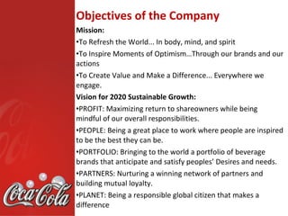 Objectives of the Company
Mission:
•To Refresh the World... In body, mind, and spirit
•To Inspire Moments of Optimism…Through our brands and our
actions
•To Create Value and Make a Difference... Everywhere we
engage.
Vision for 2020 Sustainable Growth:
•PROFIT: Maximizing return to shareowners while being
mindful of our overall responsibilities.
•PEOPLE: Being a great place to work where people are inspired
to be the best they can be.
•PORTFOLIO: Bringing to the world a portfolio of beverage
brands that anticipate and satisfy peoples’ Desires and needs.
•PARTNERS: Nurturing a winning network of partners and
building mutual loyalty.
•PLANET: Being a responsible global citizen that makes a
difference
 