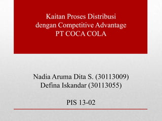 Kaitan Proses Distribusi
dengan Competitive Advantage
PT COCA COLA

Nadia Aruma Dita S. (30113009)
Defina Iskandar (30113055)
PIS 13-02

 