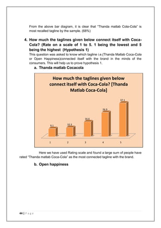 From the above bar diagram, it is clear that “Thanda matlab Cola-Cola” is
        most recalled tagline by the sample. (68%)

    4. How much the taglines given below connect itself with Coca-
       Cola? (Rate on a scale of 1 to 5. 1 being the lowest and 5
       being the highest (Hypothesis 1)
        This question was asked to know which tagline i.e.(Thanda Matlab Coca-Cola
        or Open Happiness)connected itself with the brand in the minds of the
        consumers. This will help us to prove hypothesis 1.
               a. Thanda matlab Cocacola

                       How much the taglines given below
                      connect itself with Coca-Cola? [Thanda
                                Matlab Coca-Cola]
                                                                   37.1


                                                        26.9


                                            16.6

                       9.1       10.3




                      1         2           3           4          5


            Here we have used Rating scale and found a large sum of people have
rated “Thanda matlab Coca-Cola” as the most connected tagline with the brand.

               b. Open happiness




44 | P a g e
 