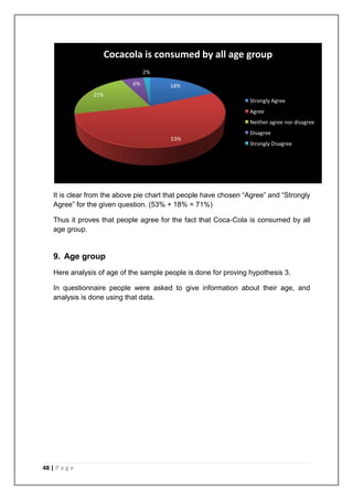 Cocacola is consumed by all age group
                                  2%
                             6%          18%
                21%
                                                                  Strongly Agree
                                                                  Agree
                                                                  Neither agree nor disagree
                                                                  Disagree
                                         53%
                                                                  Strongly Disagree




    It is clear from the above pie chart that people have chosen “Agree” and “Strongly
    Agree” for the given question. (53% + 18% = 71%)

    Thus it proves that people agree for the fact that Coca-Cola is consumed by all
    age group.


    9. Age group
    Here analysis of age of the sample people is done for proving hypothesis 3.

    In questionnaire people were asked to give information about their age, and
    analysis is done using that data.




48 | P a g e
 
