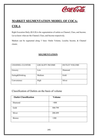 MARKET SEGMENTATION MODEL OF COCACOLA
Right Execution Daily (R.E.D) is the segmentation of outlets as Channel, Class, and Income.
Let us know what are the Channel, Class, and Income respectively.
Markets can be segmented along 3 lines- Outlet Volume, Locality Income, & Channel
cluster.

SEGMENTATION

CHANNEL CLUSTER

LOCALITY INCOME

OUTLET VOLUME

Grocery

Low

Diamond

Eating&Drinking

Medium

Gold

Convenience

High

Silver

Classification of Outlets on the basis of volume
Outlet Classification

Volume

Diamond

>800

Gold

500-799

Sliver

200-499

Bronze

<200

[49]

 