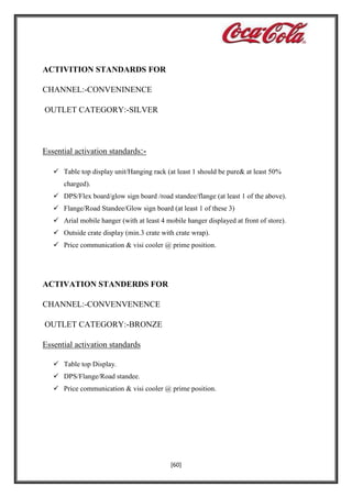 ACTIVITION STANDARDS FOR
CHANNEL:-CONVENINENCE
OUTLET CATEGORY:-SILVER

Essential activation standards: Table top display unit/Hanging rack (at least 1 should be pure& at least 50%
charged).
 DPS/Flex board/glow sign board /road standee/flange (at least 1 of the above).
 Flange/Road Standee/Glow sign board (at least 1 of these 3)
 Arial mobile hanger (with at least 4 mobile hanger displayed at front of store).
 Outside crate display (min.3 crate with crate wrap).
 Price communication & visi cooler @ prime position.

ACTIVATION STANDERDS FOR
CHANNEL:-CONVENVENENCE
OUTLET CATEGORY:-BRONZE
Essential activation standards
 Table top Display.
 DPS/Flange/Road standee.
 Price communication & visi cooler @ prime position.

[60]

 