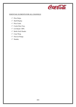 ESSENTAIL ELEMENTS FOR ALL CHANNELS
 Price Strips.
 Shelf Display
 Price Cards.
 Cooler Door Tray.
 G.S Board / DPS.
 Bottle Neck Header.
 Crate Wrap.
 Non-Lit Flange.
 Standee.

[62]

 