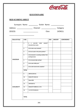QUESTIONAIRE
RED SCORING SHEET
Surveyors Name: __________ Outlet Name: ______________
Address: _________________ Channel: ________________ Category
(D/G/S):

________________

Class

(H/M/L):

___________________________
Maula Ali Hyd.

S.NO.
1.

E&D
Is

a

coca-cola

cooler

present?

Visicooler/chest cooler.
2.

Is the cooler as per standard?

3.

Is the vesi cooler in the prime position?

4.

Is the visicooler in a working condition? Not
working/unclean

VISICOOLER

5.

Is the visicooler light working?

6.

Is the cooler 100% pure?

7.

Is the cooler brand-order compliant?

TOTAL
9.
10.

Mobile PET (COLA+3)

11.

Maaza RGB

12.

AVAILABILITY

300 ML (COLA+3)

CAN (COLA+1)

13.

MAAZA PET 600ML & 1.2 LTR.

14.

1.5 LTR. PET (COLA+3)

TOTAL

[88]

GROCERY

CONVENIENCE

 