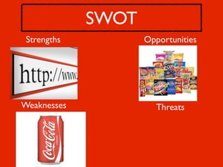 SWOT
 Strengths          Opportunities




Weaknesses             Threats
 