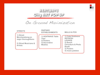 HEATWAVE
                   City ART POP-UP
          On Ground Maximization
STREETS                 PARTNER
                        ESTABLISHMENTS      MALLS & POS
1) Street
                        1) HEATWAVE Table   1) Coke Heatwave
Merchandising on
                        Tops                REFRESH
major thoroughfares
                        2) Posters          LOUNGE
                        3) Decorative       2) Beach
2) Street Musicians &
                        Mobiles             Caricature & Photo
Artists
                                            Booth
                                            3) Posters
                                            4) music jukebox
 