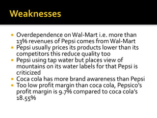  Overdependence on Wal-Mart i.e. more than 
13% revenues of Pepsi comes from Wal-Mart 
 Pepsi usually prices its products lower than its 
competitors this reduce quality too 
 Pepsi using tap water but places view of 
mountains on its water labels for that Pepsi is 
criticized 
 Coca cola has more brand awareness than Pepsi 
 Too low profit margin than coca cola, Pepsico’s 
profit margin is 9.7% compared to coca cola’s 
18.55% 
 