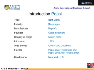 Amity International Business School
AIBS MBA-IB-I Sec-A
Type Soft Drink
Industry Beverages
Manufacturer PepsiCo
Founder Caleb Bradham
Country of Origin United State
Introduced 1893
Area Served Over + 200 Countries
Flavors Pepsi Blue, Pepsi Diet, Diet
Pepsi Lime, diet Pepsi Lemon
Headquarter New York, U.S.
Introduction Pepsi
 