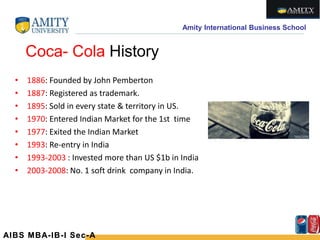 Amity International Business School
Coca- Cola History
• 1886: Founded by John Pemberton
• 1887: Registered as trademark.
• 1895: Sold in every state & territory in US.
• 1970: Entered Indian Market for the 1st time
• 1977: Exited the Indian Market
• 1993: Re-entry in India
• 1993-2003 : Invested more than US $1b in India
• 2003-2008: No. 1 soft drink company in India.
AIBS MBA-IB-I Sec-A
 