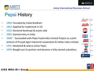 Amity International Business School
Pepsi History
• 1899: Founded by Caleb Bradham
• 1902: Applied for trademark in US
• 1923: Declared bankrupt & assets sold
• 1985: Gained entry in India
• 1988* - Succeeded with Pepsi Food India Limited Project as a joint
venture of Punjab Agro Industrial corporation & Voltas India Limited.
• 1991: Marketed & sold as Lehar Pepsi.
• 1994: Bought out its partner and become a fully owned subsidiary.
AIBS MBA-IB-I Sec-A
 