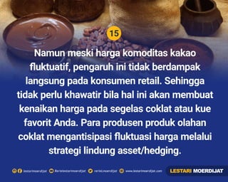 15
Rerielestarimoerdijatlestarimoerdijat rerieLmoerdijat www.lestarimoerdijat.com
Namun meski harga komoditas kakao
ﬂuktuatif, pengaruh ini tidak berdampak
langsung pada konsumen retail. Sehingga
tidak perlu khawatir bila hal ini akan membuat
kenaikan harga pada segelas coklat atau kue
favorit Anda. Para produsen produk olahan
coklat mengantisipasi ﬂuktuasi harga melalui
strategi lindung asset/hedging.
LESTARI MOERDIJAT
 