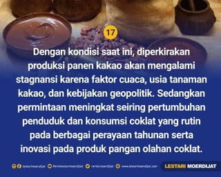 17
Rerielestarimoerdijatlestarimoerdijat rerieLmoerdijat www.lestarimoerdijat.com
Dengan kondisi saat ini, diperkirakan
produksi panen kakao akan mengalami
stagnansi karena faktor cuaca, usia tanaman
kakao, dan kebijakan geopolitik. Sedangkan
permintaan meningkat seiring pertumbuhan
penduduk dan konsumsi coklat yang rutin
pada berbagai perayaan tahunan serta
inovasi pada produk pangan olahan coklat.
LESTARI MOERDIJAT
 