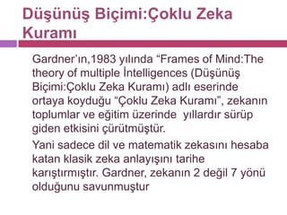 Düşünüş Biçimi:Çoklu Zeka KuramıGardner’ın,1983 yılında “Frames of Mind:The theory of multiple İntelligences (Düşünüş Biçimi:Çoklu Zeka Kuramı) adlı eserinde ortaya koyduğu “Çoklu Zeka Kuramı”, zekanın toplumlar ve eğitim üzerinde  yıllardır sürüp giden etkisini çürütmüştür.  	Yani sadece dil ve matematik zekasını hesaba katan klasik zeka anlayışını tarihe karıştırmıştır. Gardner, zekanın 2 değil 7 yönü olduğunu savunmuştur