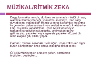 MÜZİKAL/RİTMİK ZEKA	Duyguların aktarımında, algılama ve sunmada müziği bir araç olarak kullanma yeteneği, yani ritme, melodiye, tona karşı duyarlı olma yeteneğidir. Ritmik ve tonal kavramları kullanma ile çevreden gelen seslere,insan seslerine ve müzik aletlerine karşı duyarlılık kapasitelerini içerir. Müzik neredeyse herkeste; stresliyken sakinleşme, sıkılmışken gayret getirme,yazı yazarken veya egzersiz yaparken düzenli bir ritme ulaşma gibi etkiler yapar. 	Gardner, müzikal zekadaki üstünlüğün, insan zekasının diğer bütün alanlarından önce ortaya çıktığına dikkat çeker. 	ÖRNEK:Müzisyenler, orkestra şefleri, enstrüman üreticileri, besteciler...