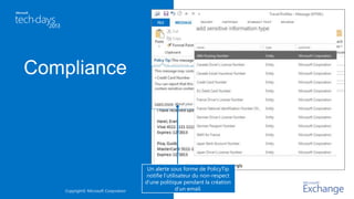 Copyright© Microsoft Corporation
Un alerte sous forme de PolicyTip
notifie l’utilisateur du non-respect
d’une politique pendant la création
d’un email.
 