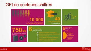 GFI en quelques chiffres


                                       10 000                            40
                                                              IMPLANTATIONS
                                     COLLABORATEURS               EN FRANCE




           750                  M€    6   SECTEURS
                                          D’ACTIVITÉS
                                                                                 6   PRACTICES
                                                                                     GROUPE
                                                                                     Agility
                                                                                          Business
                                                 BANQUE-FINANCE-ASSURANCE                 Intelligence
           DE CHIFFRE D’AFFAIRES
           Pro forma 2012                        INDUSTRIE-AEROSPACE-TRANSPORT               Cloud
                                                                                             Computing
                                 €               SECTEUR PUBLIC
                                                                                          Entreprise
                            €                    TELECOM-MEDIA-ENTERTAINMENT
                                                 ENERGY-UTILITIES-CHEMICALS
                                                                                          digitale
                                                                                       Outsourcing
                                                 DISTRIBUTION-SERVICES           Testing




Mobilité
 