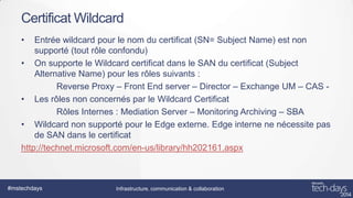 Certificat Wildcard
•

Entrée wildcard pour le nom du certificat (SN= Subject Name) est non
supporté (tout rôle confondu)
• On supporte le Wildcard certificat dans le SAN du certificat (Subject
Alternative Name) pour les rôles suivants :
Reverse Proxy – Front End server – Director – Exchange UM – CAS • Les rôles non concernés par le Wildcard Certificat
Rôles Internes : Mediation Server – Monitoring Archiving – SBA
• Wildcard non supporté pour le Edge externe. Edge interne ne nécessite pas
de SAN dans le certificat
http://technet.microsoft.com/en-us/library/hh202161.aspx

#mstechdays

Infrastructure, communication & collaboration

 