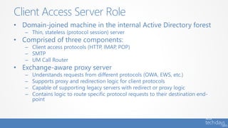 • Domain-joined machine in the internal Active Directory forest
– Thin, stateless (protocol session) server
• Comprised of three components:
– Client access protocols (HTTP, IMAP, POP)
– SMTP
– UM Call Router
• Exchange-aware proxy server
– Understands requests from different protocols (OWA, EWS, etc.)
– Supports proxy and redirection logic for client protocols
– Capable of supporting legacy servers with redirect or proxy logic
– Contains logic to route specific protocol requests to their destination end-
point
Client Access Server Role
 