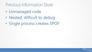 • Unmanaged code
• Nested, difficult to debug
• Single process creates SPOF
Previous Information Store
 