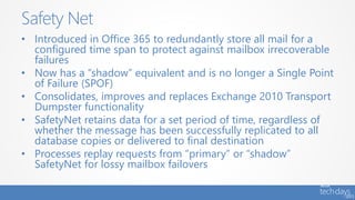 • Introduced in Office 365 to redundantly store all mail for a
configured time span to protect against mailbox irrecoverable
failures
• Now has a “shadow” equivalent and is no longer a Single Point
of Failure (SPOF)
• Consolidates, improves and replaces Exchange 2010 Transport
Dumpster functionality
• SafetyNet retains data for a set period of time, regardless of
whether the message has been successfully replicated to all
database copies or delivered to final destination
• Processes replay requests from “primary” or “shadow”
SafetyNet for lossy mailbox failovers
Safety Net
 