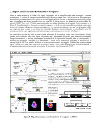 3. Mapas Conceptuales como Herramienta de Navegación
Como se puede apreciar en la Figura 2, los mapas conceptuales son un magnífico medio para representar y organizar
conocimiento. El conjunto de mapas sobre cardiología nuclear forma un modelo claro, explícito, y conciso del conocimiento
de uno de los principales expertos del mundo en esa ciencia especializada. ¿Por qué no usar esta representación como base
para los estudiantes que deseen aprender sobre este tema? En el sistema experto para diagnóstico de enfermedades del
corazón NUCES (Ford et al., 1996) los mapas conceptuales son la base del módulo de aprendizaje. Como se muestra en la
Figura 3, el estudiante explora el modelo conceptual navegando a través de una gran variedad de objetos (e.g. audio, vídeo,
documentos, imágenes, diagramas, mapas conceptuales, etc.) Los mapas conceptuales proveen una interfaz elegante y fácil
de comprender para navegar en un sistema de multimedia. Relaciones de generalización y especialización entre los
conceptos conllevan a una organización jerárquica de mapas conceptuales, como se muestra en la Figura 3.
En cada nodo o concepto del mapa, el usuario puede seleccionar de un menú de íconos. Estos corresponden a diversos
medios (texto, imágenes, vídeo, otros mapas conceptuales, etc.) relacionados al tema del nodo (concepto) seleccionado.
Estos íconos aparecen en diversas combinaciones dependiendo de la información disponible sobre el concepto dado. El
problema de navegación – perdidos en el hiperespacio – común en los sistemas de multimedia y persistente en la
navegación de la WWW, se resuelve fácilmente en la navegación con mapas conceptuales. Todas las ligas tienen semántica,
ya sea explícita en el mapa, o por contexto al navegar entre mapas u otros medios. El usuario sabe siempre hacia donde va
al seguir una liga, en contraste con otras herramientas de navegación, especialmente en la WWW.

Figura 3. Mapas Conceptuales como herramientas de navegación en NUCES
-4-

 