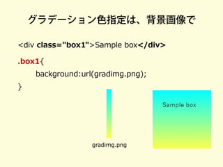 グラデーション色指定は、背景画像で 
<div class="box1">Sample box</div> 
.box1{ 
background:url(gradimg.png); 
} 
gradimg.png  