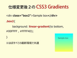 仕様変更後２の CSS3 Gradients 
<div class="box2">Sample box</div> 
.box2{ 
background: linear-gradient(to bottom, #00FFFF , #FFFF...
