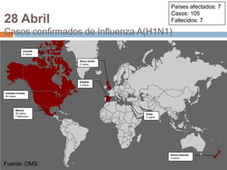Fuente: OMSPaíses afectados: 7 Casos: 105Fallecidos: 728 AbrilCasos confirmados de Influenza A(H1N1)Canadá6 casosReino Unido2 casosEspaña2 casosEstados Unidos64 casosMéxico26 casos7 fallecidosIsrael2 casosNueva Zelanda3 casosFuente: OMS