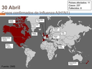 Fuente: OMSPaíses afectados: 11Casos: 257Fallecidos: 830 AbrilCasos confirmados de Influenza A(H1N1)Países Bajos1 casoCanadá19 casosReino Unido8 casosAlemania3 casosSuiza1 casoEspaña13 casosAustria1 casoEstados Unidos109 casos1 fallecidoMéxico97 casos7 fallecidosIsrael2 casosNueva Zelanda3 casosFuente: OMS
