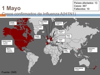 Fuente: OMSPaíses afectados: 13 Casos: 367Fallecidos: 101 MayoCasos confirmados de Influenza A(H1N1)Países Bajos1 casoCanadá34 casosDinamarca1 casoReino Unido8 casosAlemania4 casosSuiza1 casoEspaña13 casosAustria1 casoEstados Unidos141 casos1 fallecidoHong Kong (China)1 casoMéxico156 casos9 fallecidosIsrael3 casosNueva Zelanda4 casosFuente: OMS