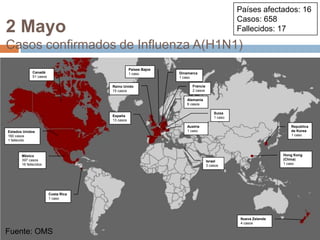 Fuente: OMSPaíses afectados: 16 Casos: 658Fallecidos: 172 MayoCasos confirmados de Influenza A(H1N1)Países Bajos1 casoCanadá51 casosDinamarca1 casoFrancia2 casosReino Unido15 casosAlemania6 casosSuiza1 casoEspaña13 casosAustria1 casoRepublicade Korea1 casoEstados Unidos160 casos1 fallecidoHong Kong (China)1 casoMéxico397 casos16 fallecidosIsrael3 casosCosta Rica1 casoNueva Zelanda4 casosFuente: OMS