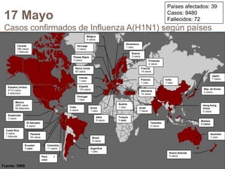 Fuente: OMSPaíses afectados: 39Casos: 8480Fallecidos: 7217 MayoCasos confirmados de Influenza A(H1N1) según paísesBélgica4 casosDinamarca1 casoCanadá496 casos1 fallecidoNoruega2 casosSuecia3 casosPaíses Bajos3 casosFinlandia2 casosReino Unido82 casosFrancia14 casosJapón7 casosIrlanda1 casoPolonia1 casoIndia1 casoEspaña103 casosEstados Unidos4714 casos4 fallecidosRep. de Korea3 casosAlemania14 casosPortugal1 casoMéxico2895 casos66 fallecidosAustria1 casoHong KongChina5 casosCuba3 casosSuiza1 casoIsrael7 casosGuatemala3 casosItalia9 casosTurquía 1 casoMalasia 2 casosEl Salvador4 casosTailandia2 casosCosta Rica9 casos1 fallecidoAustralia1 casoPanamá54 casosBrasil8 casosColombia11 casosEcuador   1 casoArgentina1 casoNueva Zelanda9 casosPerú         1 casoFuente: OMS