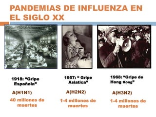 PANDEMIAS DE INFLUENZA EN EL SIGLO XX1957: “ Gripe Asiatica”1918: “Gripe Española”1968: “Gripe de Hong Kong”A(H2N2)A(H1N1)A(H3N2)40 millones de muertes1-4 millones de muertes1-4 millones de muertes