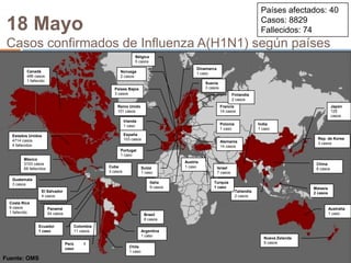 Fuente: OMSPaíses afectados: 40Casos: 8829Fallecidos: 7418 MayoCasos confirmados de Influenza A(H1N1) según paísesBélgica5 casosDinamarca1 casoCanadá496 casos1 fallecidoNoruega2 casosSuecia3 casosPaíses Bajos3 casosFinlandia2 casosReino Unido101 casosFrancia14 casosJapón125 casosIrlanda1 casoPolonia1 casoIndia1 casoEspaña103 casosEstados Unidos4714 casos4 fallecidosRep. de Korea3 casosAlemania14 casosPortugal1 casoMéxico3103 casos68 fallecidosAustria1 casoChina6 casosCuba3 casosSuiza1 casoIsrael7 casosGuatemala3 casosItalia9 casosTurquía 1 casoMalasia 2 casosEl Salvador4 casosTailandia2 casosCosta Rica9 casos1 fallecidoAustralia1 casoPanamá54 casosBrasil8 casosColombia11 casosEcuador   1 casoArgentina1 casoNueva Zelanda9 casosPerú         1 casoChile1 casoFuente: OMS