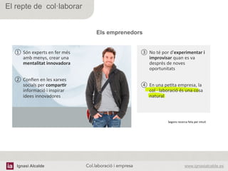 Ignasi Alcalde www.ignasialcalde.esCol.laboració i empresa	
  
El repte de col·laborar
①  Són	
  experts	
  en	
  fer	
  més	
  
amb	
  menys,	
  crear	
  una	
  
mentalitat	
  innovadora	
  
	
  
②  Conﬁen	
  en	
  les	
  xarxes	
  
socials	
  per	
  compar5r	
  
informació	
  i	
  inspirar	
  
idees	
  innovadores	
  
③  No	
  té	
  por	
  d'experimentar	
  i	
  
improvisar	
  quan	
  es	
  va	
  
després	
  de	
  noves	
  
oportunitats	
  
④  En	
  una	
  peAta	
  empresa,	
  la	
  
col	
  ·∙	
  laboració	
  és	
  una	
  cosa	
  
natural	
  
Segons	
  recerca	
  feta	
  per	
  intuit	
  
Els emprenedors
 