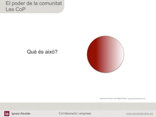 Ignasi Alcalde www.ignasialcalde.esCol.laboració i empresa	
  
El poder de la comunitat
Les CoP
Què és això?
Experiment	
  fet	
  per	
  Jose	
  Miguel	
  Bolivar.	
  www.opAmainﬁnito.com	
  
	
  	
  
 