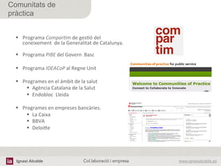 Ignasi Alcalde www.ignasialcalde.esCol.laboració i empresa	
  
Comunitats de
pràctica
§  Programa	
  ComparJm	
  de	
  gesAó	
  del	
  
coneixement	
  	
  de	
  la	
  Generalitat	
  de	
  Catalunya.	
  
	
  
§  Programa	
  PIBE	
  del	
  Govern	
  	
  Basc	
  
§  Programa	
  IDEACoP	
  al	
  Regne	
  Unit	
  
§  Programes	
  en	
  el	
  ámbit	
  de	
  la	
  salut	
  
§  Agència	
  Catalana	
  de	
  la	
  Salut	
  
§  Endobloc	
  	
  Lleida	
  
§  Programes	
  en	
  empreses	
  bancàries.	
  
§  La	
  Caixa	
  
§  BBVA	
  
§  Deloive	
  
 