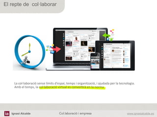 Ignasi Alcalde www.ignasialcalde.esCol.laboració i empresa	
  
El repte de col·laborar
La	
  col·∙laboració	
  sense	
  límits	
  d'espai,	
  temps	
  i	
  organització,	
  i	
  ajudada	
  per	
  la	
  tecnologia.	
  
Amb	
  el	
  temps,	
  la	
  col·∙laboració	
  virtual	
  es	
  converArà	
  en	
  la	
  norma	
  
 