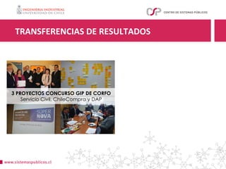 TRANSFERENCIAS	DE	RESULTADOS	
3 PROYECTOS CONCURSO GIP DE CORFO
Servicio Civil, ChileCompra y DAP
 