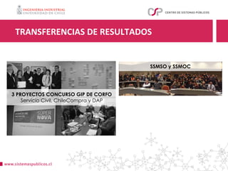 TRANSFERENCIAS	DE	RESULTADOS	
3 PROYECTOS CONCURSO GIP DE CORFO
Servicio Civil, ChileCompra y DAP
SSMSO y SSMOC
 