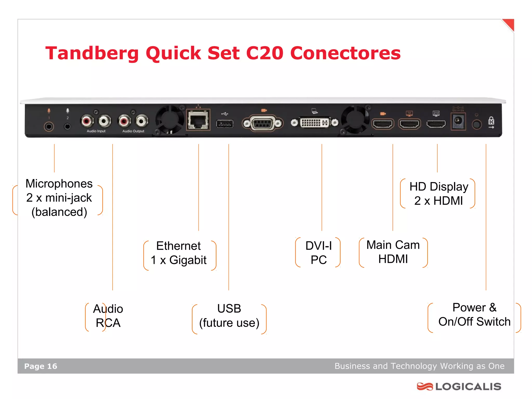 Tandberg Quick Set C20 Conectores




Microphones                                                             HD Display
2 x mini-jack                                                            2 x HDMI
 (balanced)

                         Ethernet               DVI-I          Main Cam
                        1 x Gigabit              PC             HDMI



                Audio                USB                                         Power &
                RCA              (future use)                                  On/Off Switch


Page 16                                                 Business and Technology Working as One
 