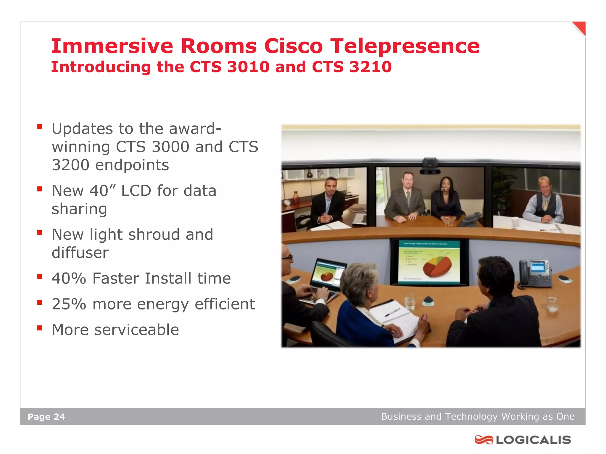 Immersive Rooms Cisco Telepresence
    Introducing the CTS 3010 and CTS 3210



  Updates to the award-
    winning CTS 3000 and CTS
    3200 endpoints
  New 40” LCD for data
    sharing
  New light shroud and
    diffuser
  40% Faster Install time
  25% more energy efficient
  More serviceable




Page 24                                Business and Technology Working as One
 