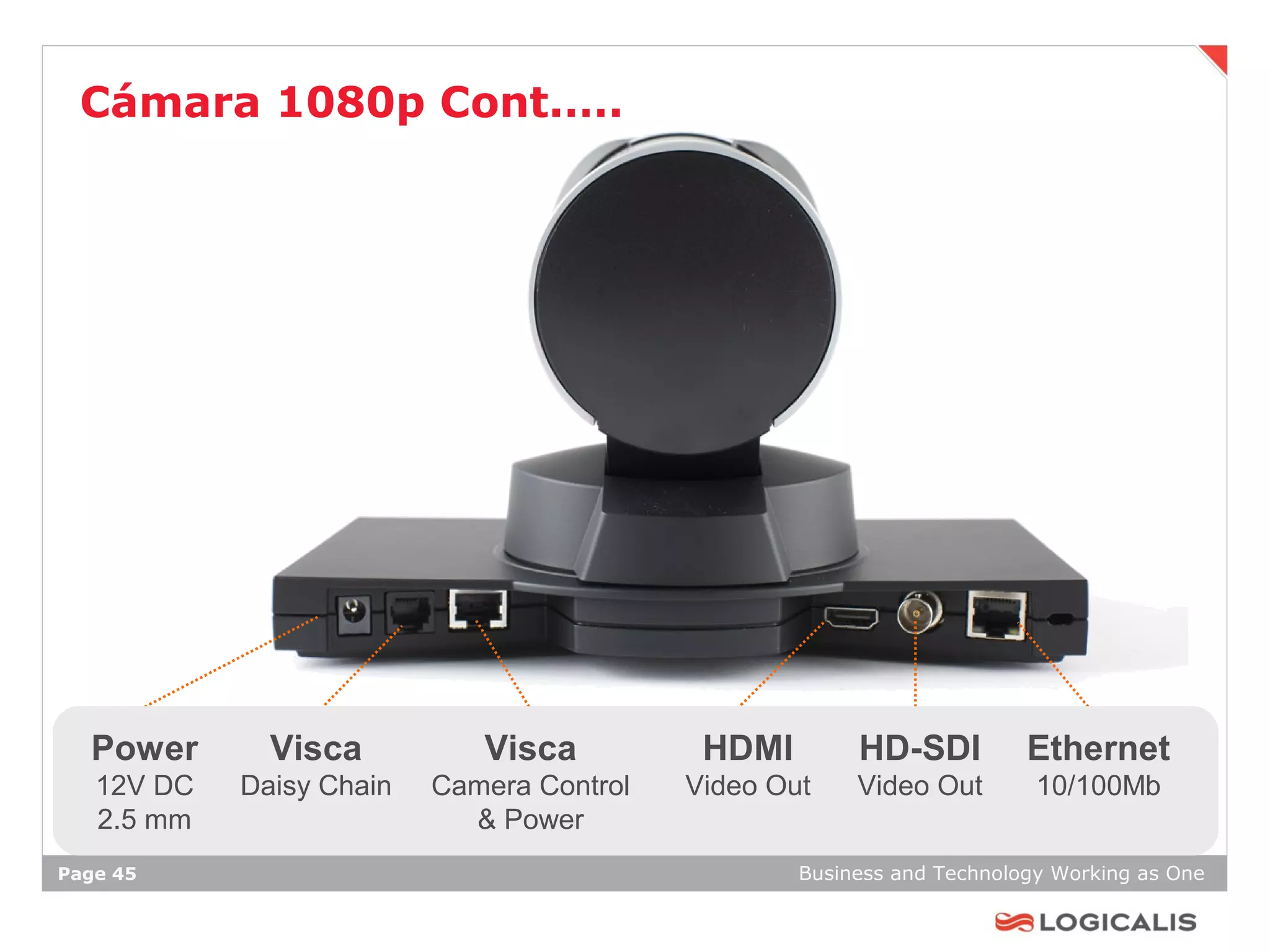 Cámara 1080p Cont.….




  Power       Visca          Visca          HDMI        HD-SDI          Ethernet
   12V DC   Daisy Chain   Camera Control   Video Out    Video Out        10/100Mb
   2.5 mm                   & Power
Page 45                                            Business and Technology Working as One
 