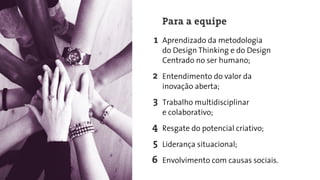 Para a equipe
Aprendizado da metodologia
do Design Thinking e do Design
Centrado no ser humano;
Entendimento do valor da
inovação aberta;
Trabalho multidisciplinar
e colaborativo;
Resgate do potencial criativo;
Liderança situacional;
Envolvimento com causas sociais.
2
3
4
5
6
 